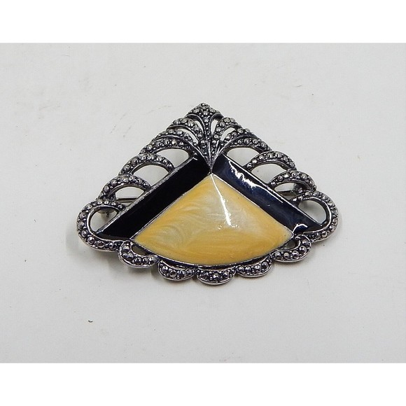 Avon Art Deco Faux Marcasite Pearlized Cream Black Enamel Fan Earrings Pin - Picture 7 of 12